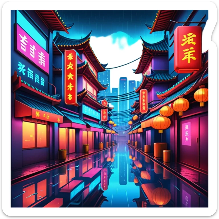 Cyberpunk China town in the city at night, neon lights, rain reflections, cinematic atmosphere, ultra-detailed futuristic environment, still life. 4k, dpi 300 sticker