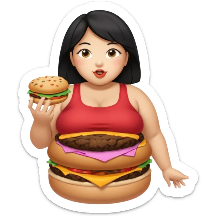 create a humongous asian girl with black hair, with 2 burgers and a cookie in her mouth, she is super obese, please make her a full body emoji, mega huge tummy   sticker