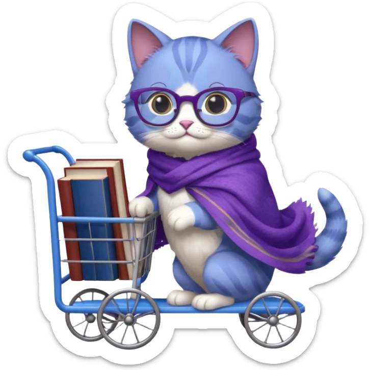 Purple and blue cat with reading glasses and a shawl, pushing a cart full of books sticker