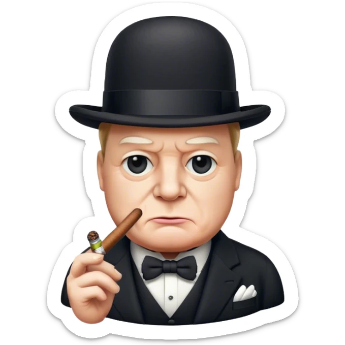 Cinematic Realistic Winston Churchill Portrait Emoji, depicted as a resolute British statesman with a signature bowler hat and a cigar, exuding determined leadership and wartime valor, rendered with lifelike textures and dramatic vintage lighting that captures his iconic British spirit. sticker