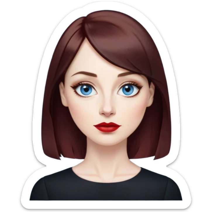 Artistic woman in her 40s with pale skin, oval face, large expressive blue eyes with eyeliner, thin arched eyebrows, small nose, full lips with red lipstick, dark auburn hair that's straight with slight waves at ends, straight bangs, wearing a black top, warm creative expression sticker