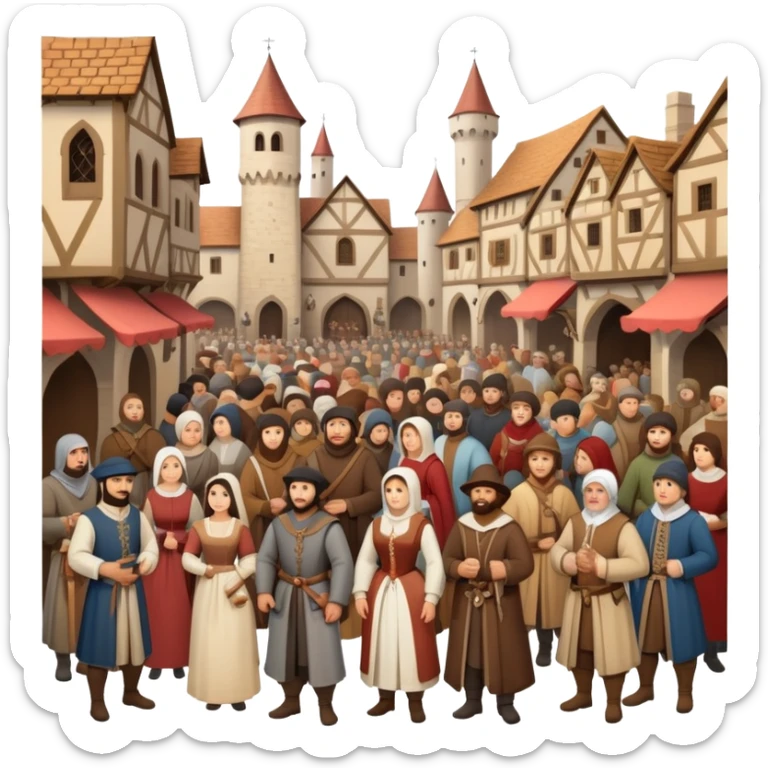 Medieval town crowd scene with many people together, mix of wealthy merchants and common townspeople gathered in a marketplace sticker