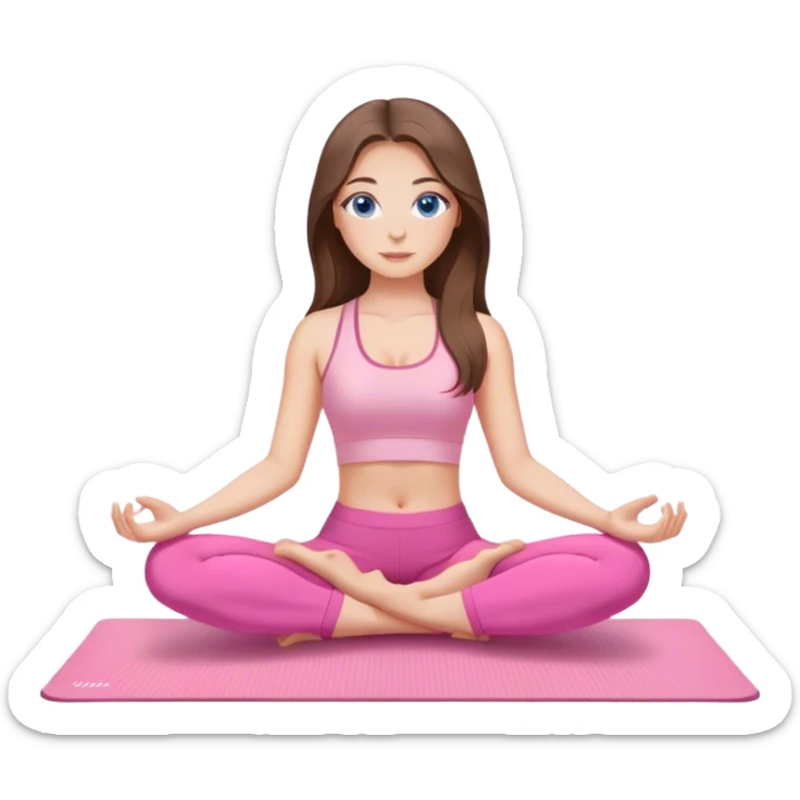 Brunette long hair and blue eyes yoga beautiful girl in light pink pink pink clothes sitting on a yoga mat sticker