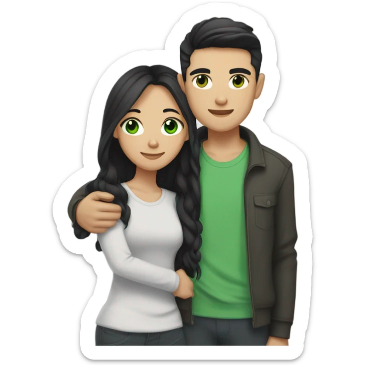 Light skin Asian male with straight black undercut hair and a white brunette female with green eyes and long wavy hair tightly hugging each other  sticker