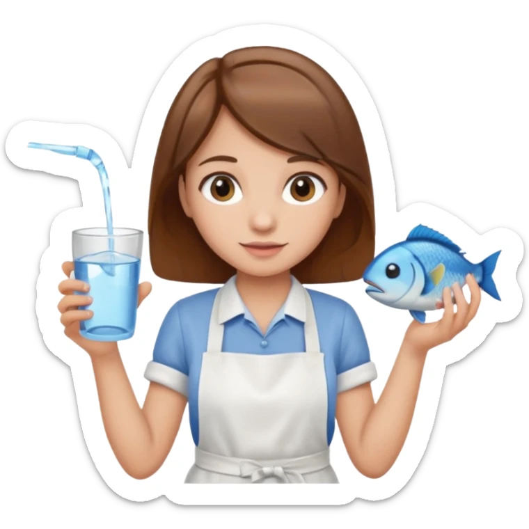 A girl with brown hair wearing an apron and holding a fish and a cup of water in another hand sticker