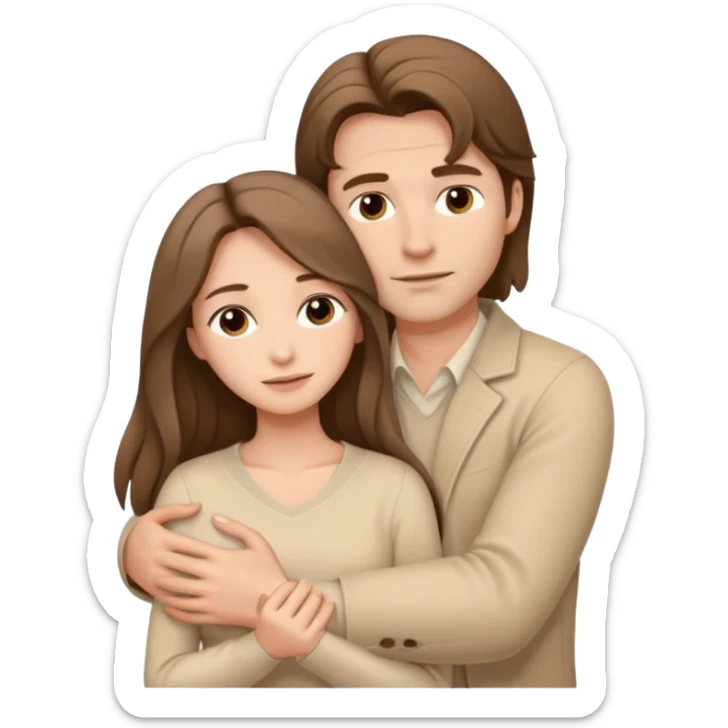 A white handsome man with brown hair in pale beige clothes supports and hugs a beautiful woman with long hair in pale beige clothes sticker