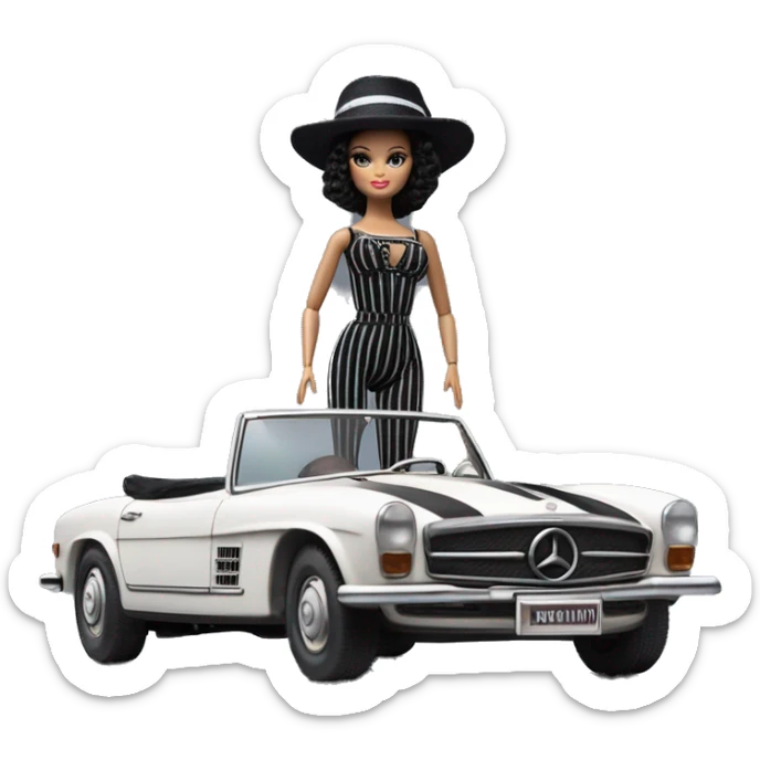 Bouclé Beauty Lingerie Barbie, 1965 Wednesday Addams from academy, in dark-gray and black striped outfit with hat. Driving 1978 Mercedes convertible sports car  sticker