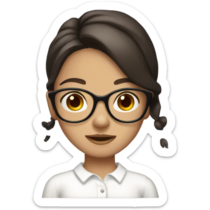 A girl with dark brown hair glasses with a bow and a cute white shirt sticker