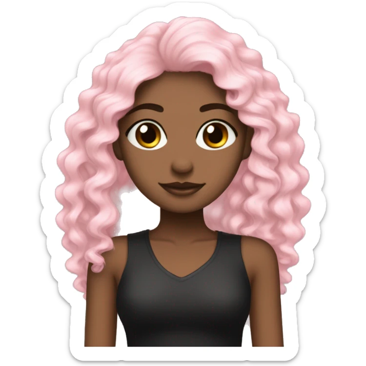 cabelo longo preto enrolado, menina pele bege, olhos pretos, roupa rosa claro. sticker