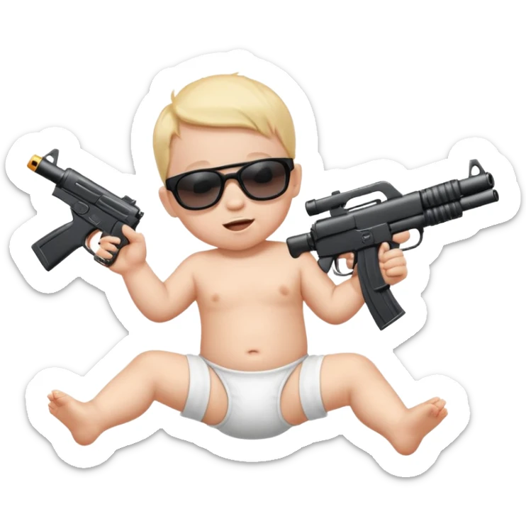 Baby in diaper with black sunglasses shooting machine guns in the air jumping left to right  sticker