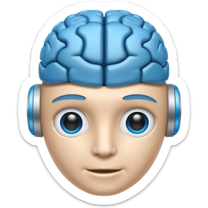 A simple emoji of a friendly robot head with a visible human brain on top, symbolizing learning AI, emoji style sticker