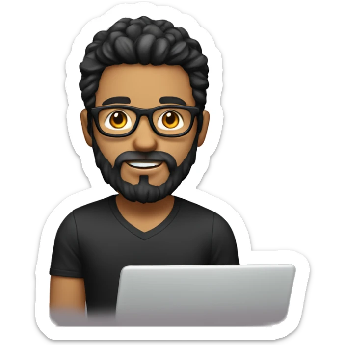 A boy with sun eyeglasse and long facial hair and white skin and black hair with laptop sticker