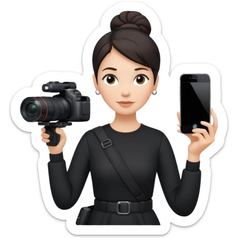 middle aged woman photographer with dark hair, slicked back in a bun, wearing black clothes, carrying a canon r5 and an iPhone on a gimbal sticker