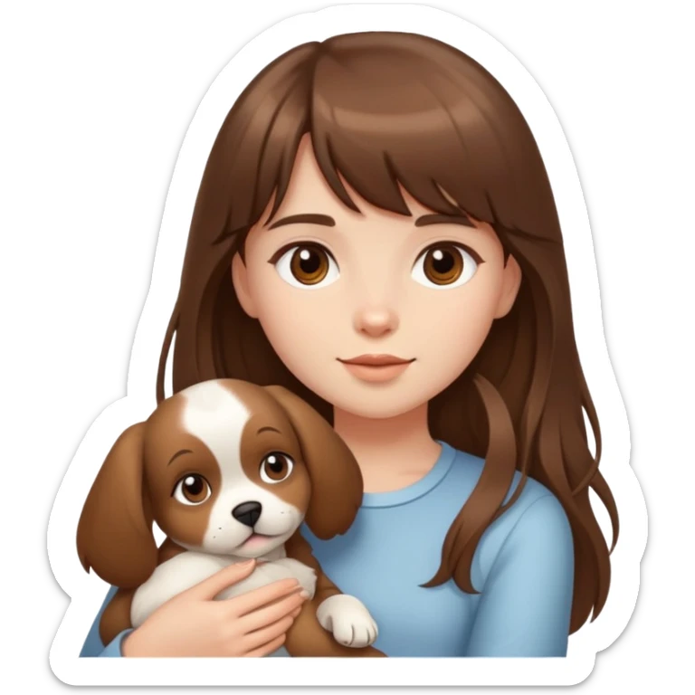 A girl with long brown hair and bangs holding a puppy sticker