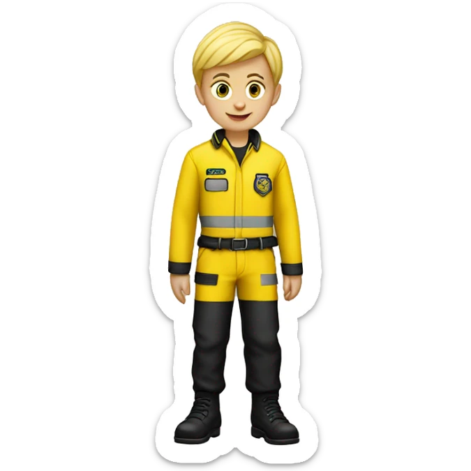 blonde boy wearing bright yellow and red ems uniform, and yellow trousers and black boots sticker