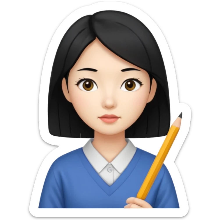 a korean cosmetics marketing expert women with black hair, holding a pencil sticker