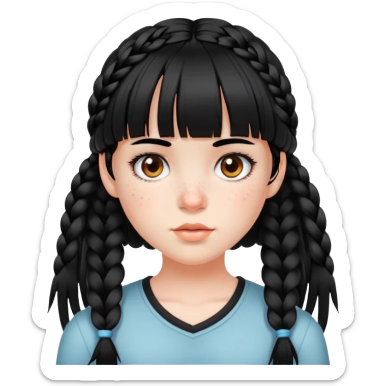 A girl with white skin and black hair and bangs with some braids face full of freckles sticker