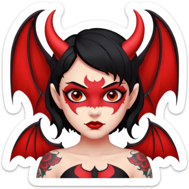 Demon girl: red skin, black hair, small horns, bat wing; tattoo-flash comic style; red/black palette; bold outlines; dark background; no text. sticker