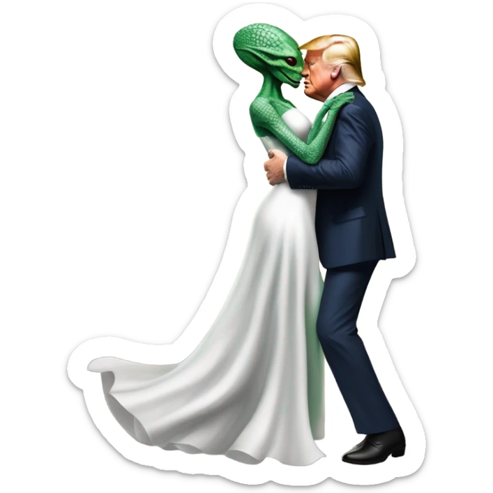 Alien reptilian woman in white dress hugs and kissing donald trump sticker