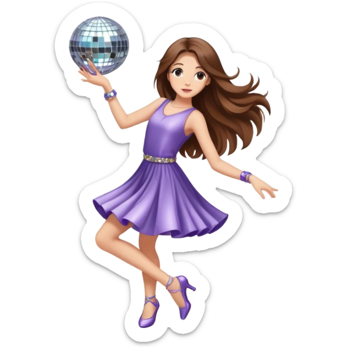 Girl with long brown hair dancing like nobody’s watching, cute elegant quirky  discoball in background  sticker