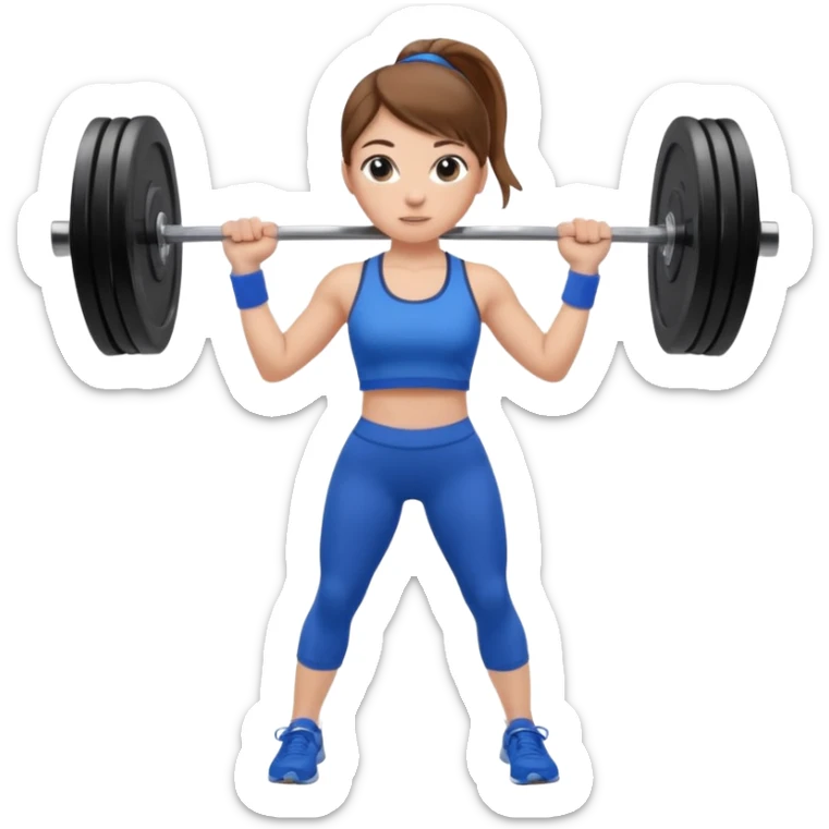 white girl with brown hair in a ponytail with a barbell in a blue sports top and blue leggings sticker