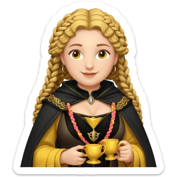 Helga Hufflepuff, 2 curly thick brown braids, yellow-black medieval dress, black cloak decorated with gold braiding, tiny two-handled shiny yellow-gold cup, very kind smile, curvy busty sweet woman, thick rosy cheeks sticker