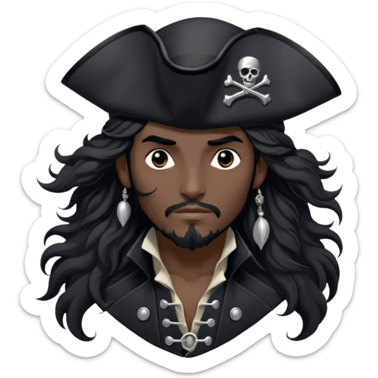 A charismatic pirate with wavy black hair tousled by the breeze. His silver-embroidered tricorn hat casts a shadow. Dark eyes glint with mischief as he looks to the side. His black coat, adorned with silver buttons, shifts with the wind sticker