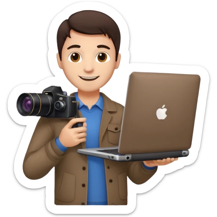 man's head with dark brown hair, holding a laptop and a camera, upbeat and approachable sticker