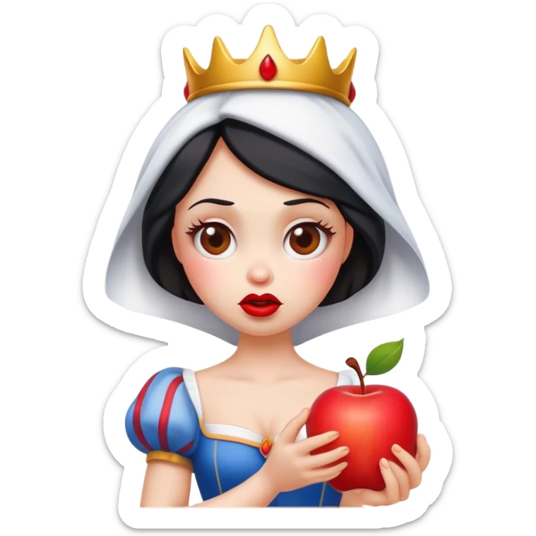 Cinematic Funny Snow White Portrait Emoji, Holding an apple with a suspicious expression, one eyebrow raised, lips pursed as if questioning her life choices, a hilariously relatable fairy tale moment! sticker