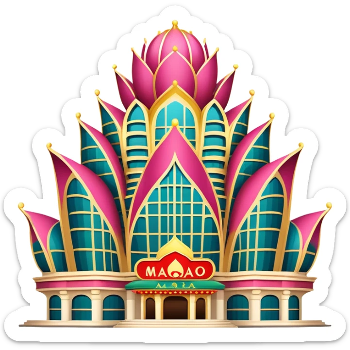 Macao Grand Lisboa Casino building, simplified emoji style with bold outlines and bright colors, cartoon style distinctive lotus-shaped tower sticker