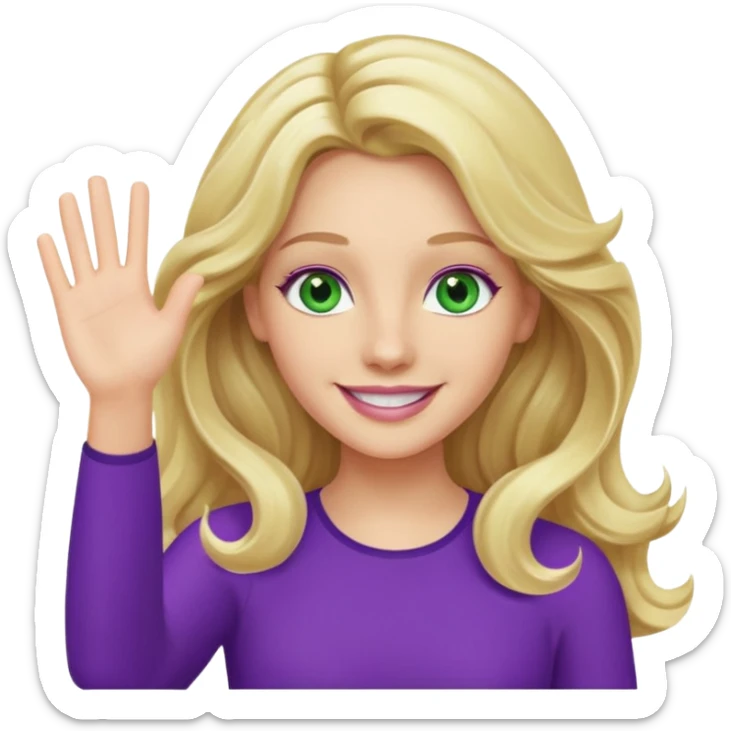 lady with long wavy blonde hair, purple top, green eyes, waving hello sticker