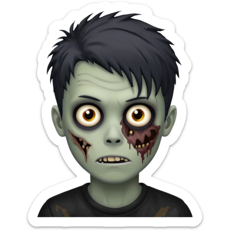 Zombie Boy with black médium large messy hair and teenager aparience, black background sticker