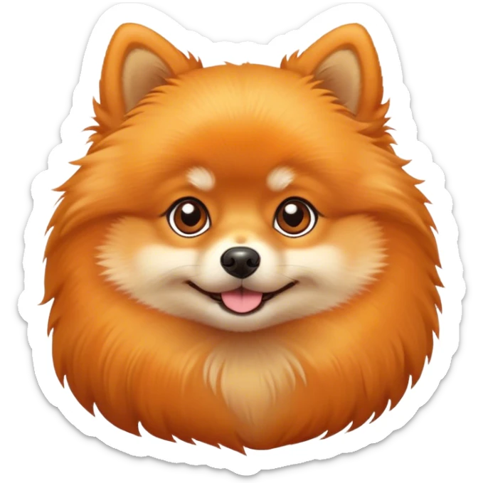 Cinematic Cute Orange Pomeranian Portrait Emoji, Head tilted playfully and inquisitively, featuring a luscious, fluffy orange Fur with a natural sheen, round, sparkling brown eyes filled with curiosity, Simplified yet irresistibly adorable features, highly detailed, glowing with a warm, friendly glow, high shine, affectionate and lively, stylized with a touch of whimsy, bright and endearing, soft glowing outline, capturing the essence of a mischievous yet loving pup, so playful it feels like it could scamper out of the screen and into your arms! sticker