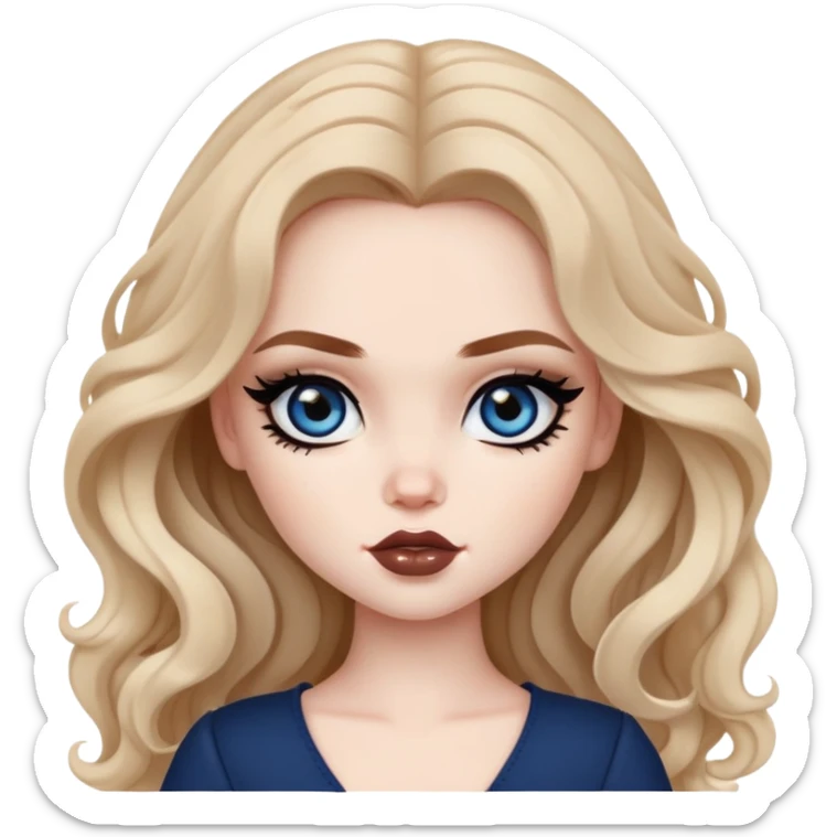 pretty bratz baddie, black eyeliner, pale skin, brown clong wavy hair, dark blue  eyes sticker