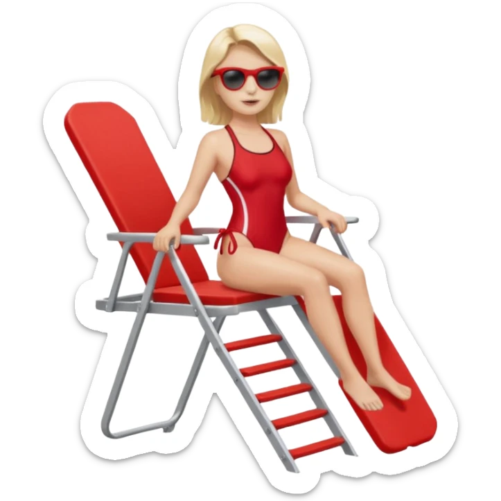 Female lifeguard – red swimsuit, sunglasses, sitting on tall lifeguard chair. sticker