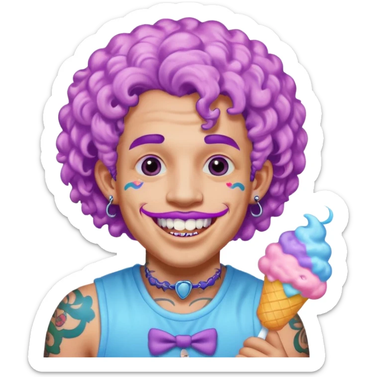 very cheerful colorful puffy violet curly haired man made out of cotton candy wearing teeth-braces and tattoos and face tattoos just face  sticker