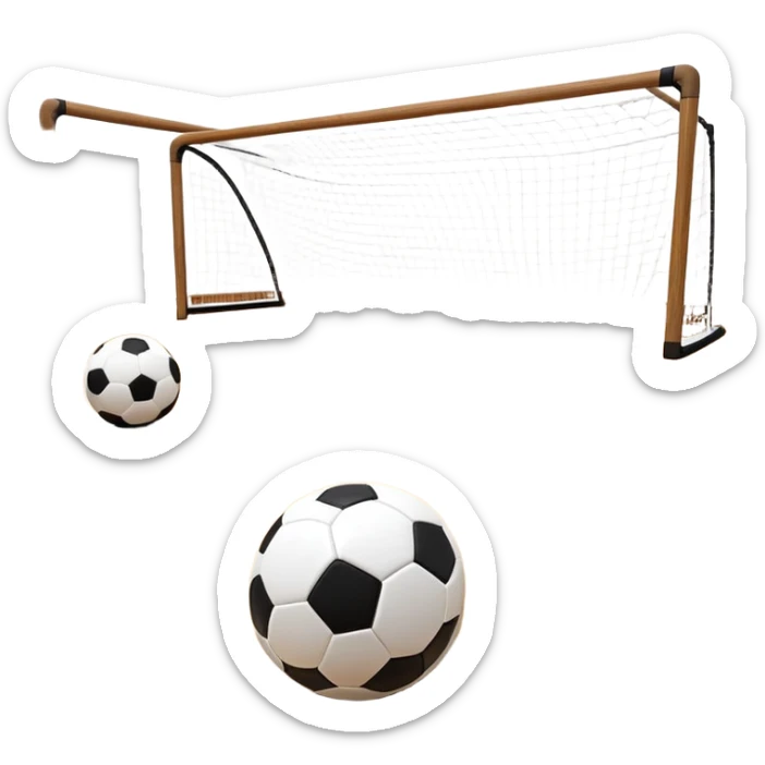 A close-up of footballs and a goal on a covered indoor futsal court with a wooden floor. The scene highlights the details of the balls and goalposts, with the smooth, polished court surface creating a clean and focused atmosphere for the game. sticker