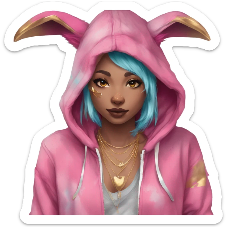 Pink magenta burgundy maroon cyan beige gray fox wearing a pink hoodie with gold jewellery gold piercings gold ear piercing gold nose piercing vintage watercolour tie dye black raven wings sticker