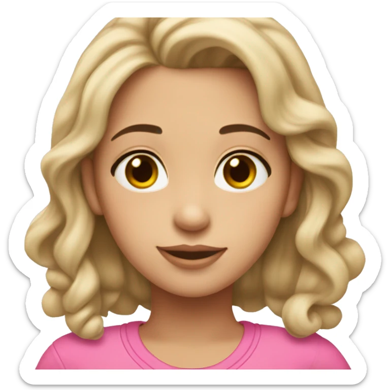 A slightly brunette girl with pretty features wearing a pink hair tie and medium length dark brown hair with blonde ends wearing a pink outfit sticker