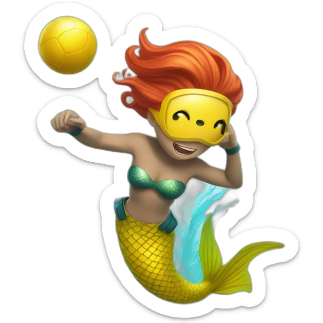Underwater man redhead mermaid swimming with fins, snorkel equipement, holding a small yellow ball, looking strong and fighting sticker