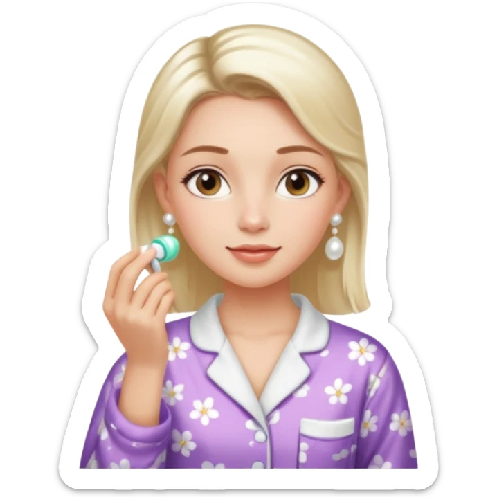 Clean girl aesthetic emoticons, apply skincare products, pearl earrings, glowing skin, pajamas, soft lighting sticker