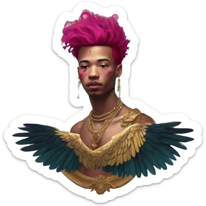 Vintage painting swirls gold jewellery baroque raven wings angel tropical Deep pink maroon burgundy cyan dark hoodie man vitiligo dyed hair gold piercings nose piercing ear piercings sticker