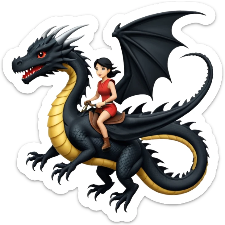 Super large black dragon flying with a  female rider on top of it sticker
