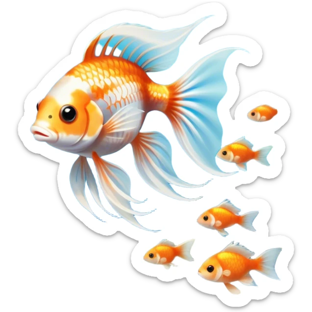 Large aquarium fish like veil tails and lionhead goldfish swimming gracefully in a beautifully decorated aquarium. Colorful aquatic plants, smooth rocks, and gentle bubbles surround the fish. The water shimmers in sunlight, creating a peaceful and vibrant underwater scene. Transparent background. sticker