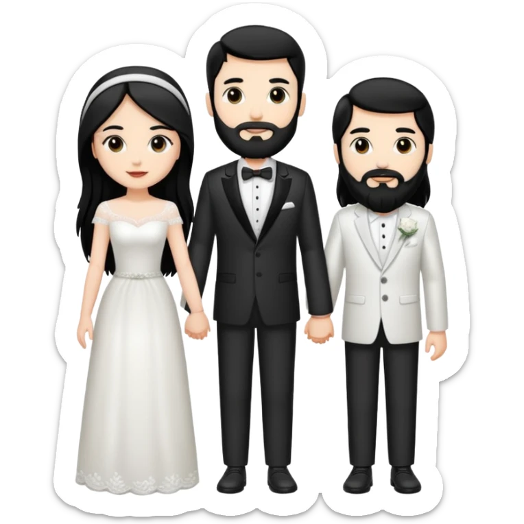 couple of newlyweds holding hands, white skin man with black hair and beard; white skin woman with long black hair and black eyes sticker