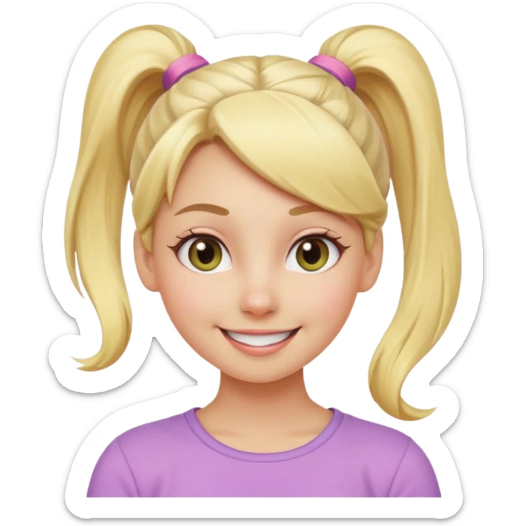 A playful blonde female cartoon character with wide, mischievous eyes, smiling, ponytail, dynamic pose suggesting movement, pastel colors, minimalistic and cute emoji style. sticker
