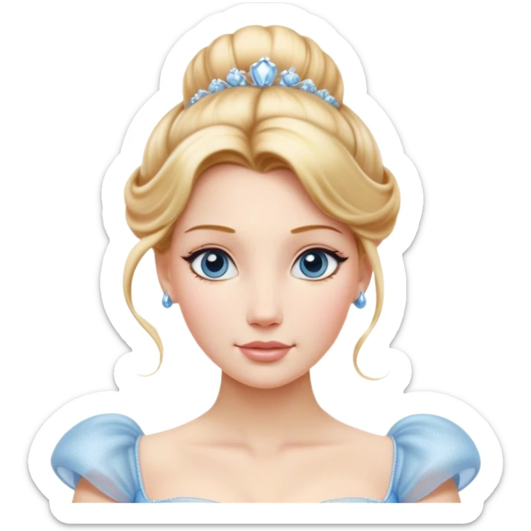 Cinematic Realistic Cinderella Portrait, depicted with lifelike skin texture, subtle rosy undertones, and soft natural lighting that enhances the gentle contours of her face. Her intricately detailed golden blonde hair is elegantly styled in an updo, with delicate wisps framing her face. Her deep, expressive blue eyes radiate warmth and sincerity, reflecting a quiet resilience and grace. She holds a glass slipper gently in one hand, her other hand resting gracefully at her side, emphasizing the timeless beauty of the moment. She is dressed in her iconic ball gown, the fabric shimmering with intricate embroidery and fine translucent layers that catch the light beautifully. The soft sheen of satin gloves adds a magical touch to her graceful pose. The portrait features an enchanting glow with a natural, luminous finish, seamlessly blending realism and fairytale charm to evoke a sense of depth, elegance, and timeless beauty. sticker