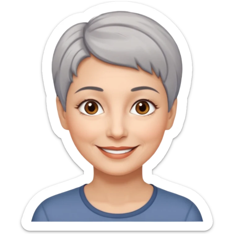 woman 50 years old, very short grey hair brown eyes smile sticker