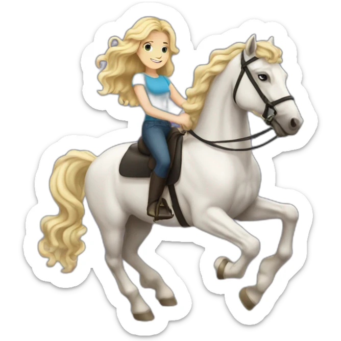 blonde girl with wavy hair riding friesian horse sticker