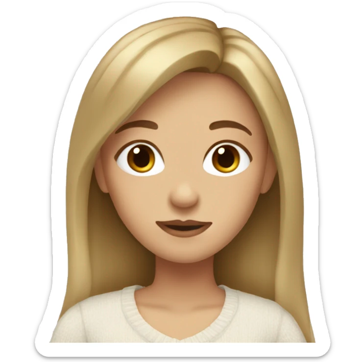 Girl with long dark blonde hair, bangs, brown hair and a white sweater sticker
